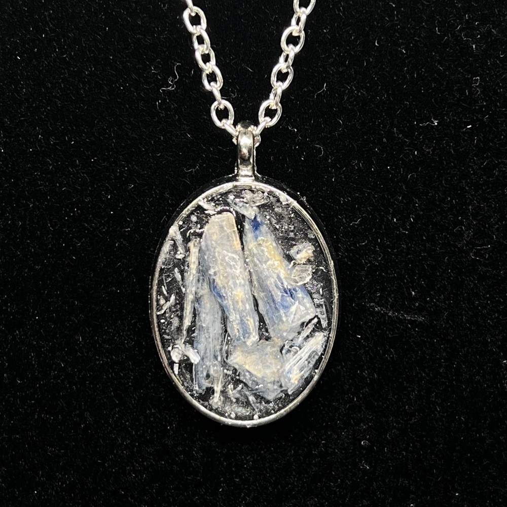 Blue kyanite set in silver pendant, handmade. Pendant only